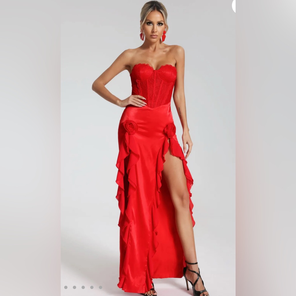 Strapless Flounced Maxi Dress Elegant Red